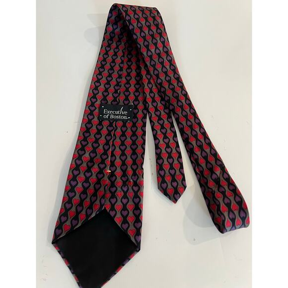 Executive of Boston Men's Silk Neck Tie Geometric Hearts Print Red & Purple JL - Picture 3 of 8